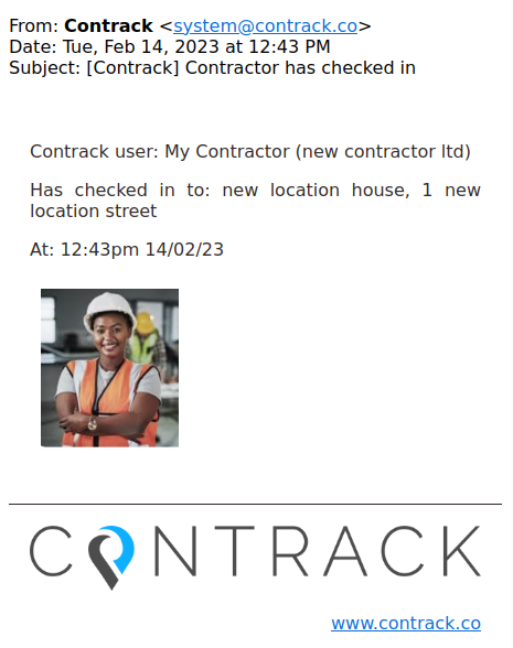 Email notifying the user that a Contractor has checked in to a location