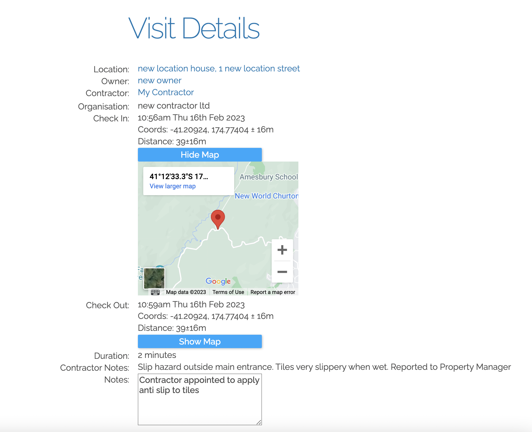 A screenshot showing full details of one specific visit, including map of recorded location.